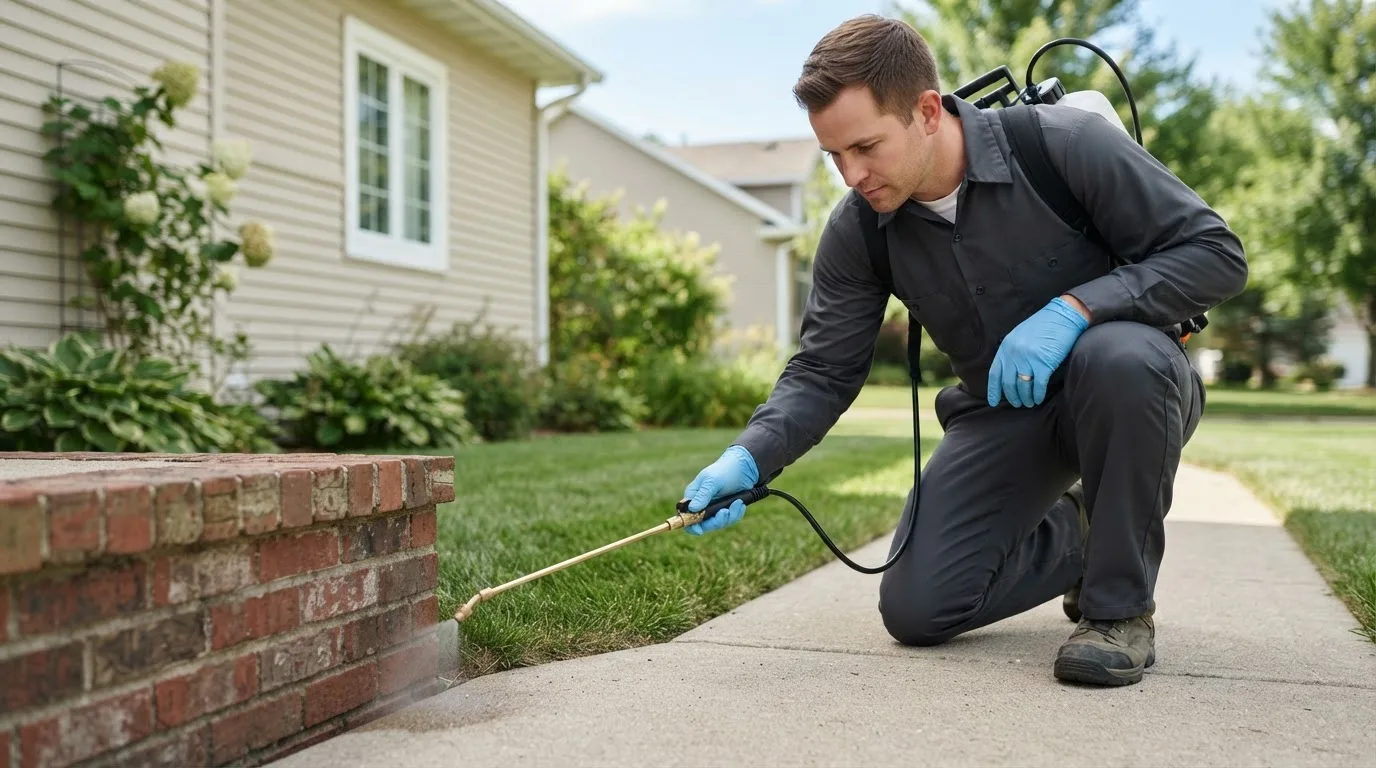 Pest control technician treating a home near Stockdale, TX