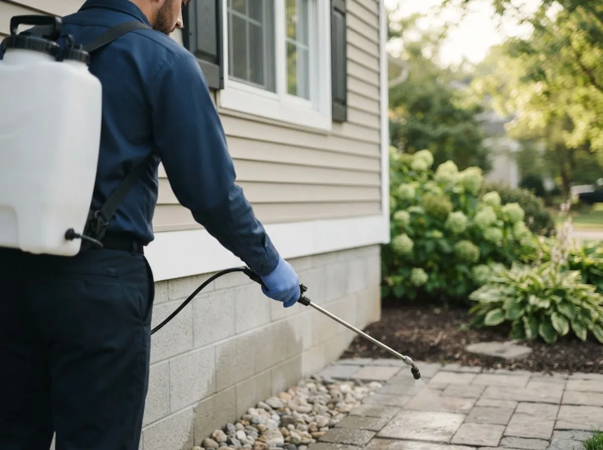 Pest control technician inspecting a home in Stockdale, TX